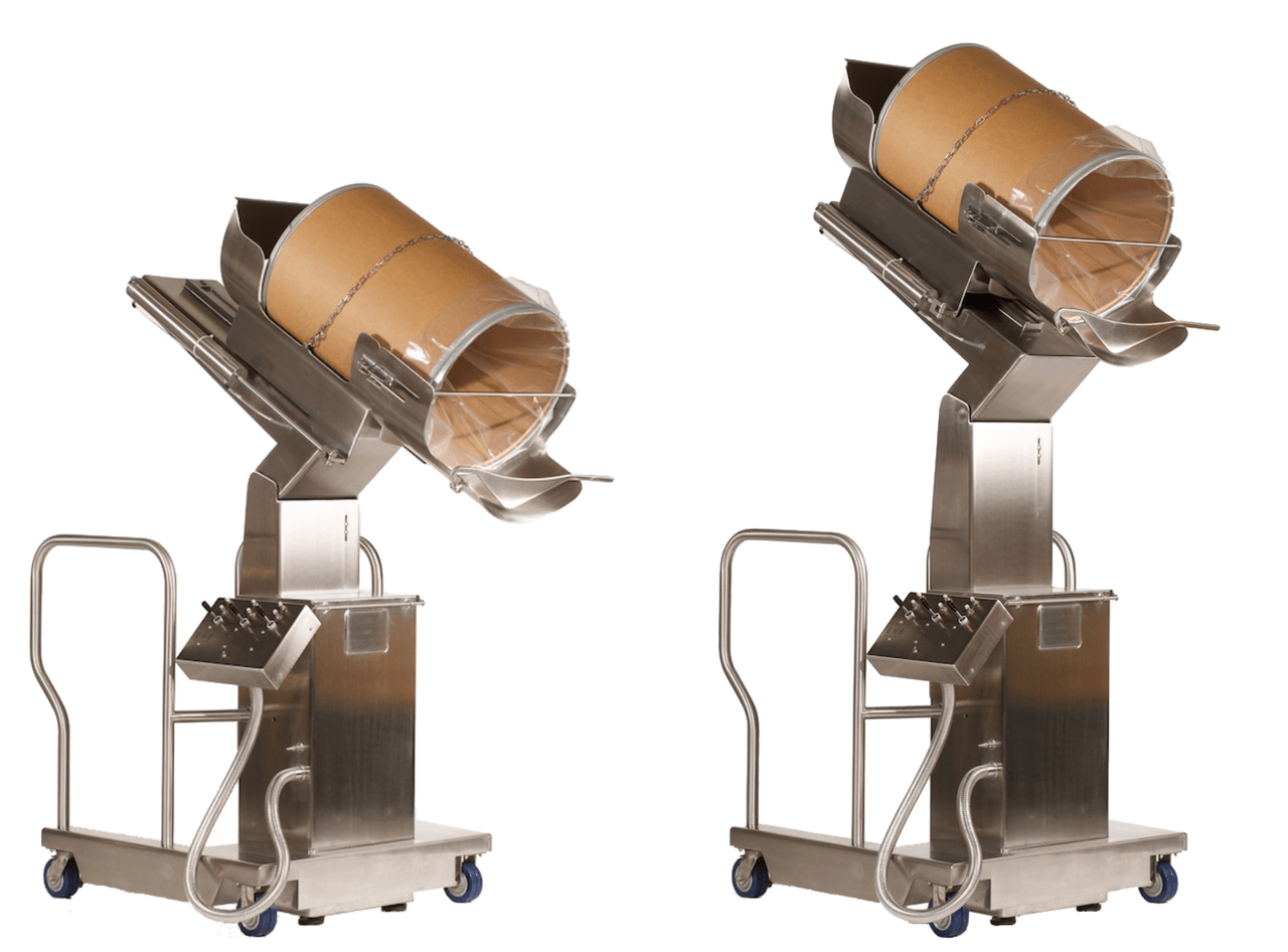 variable height drum tipper in two different stages of lifting a drum